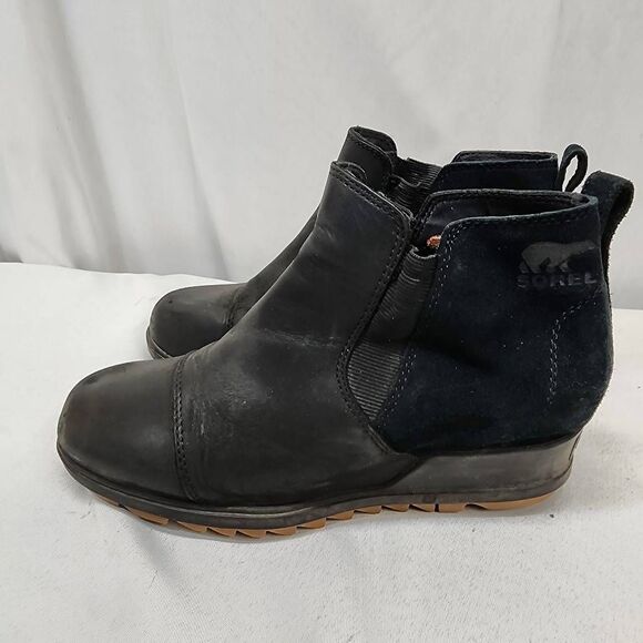 Sorel Women's 7.5 Evie Pull-On Bootie Waterproof Black Suede Leather Wedge Ankle - Picture 4 of 10